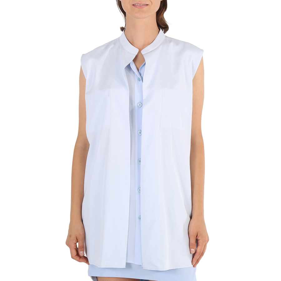 Burberry Ladies Pale Blue Suziesl Logo Detail Sleeveless Silk Crepe De Chine Shirt