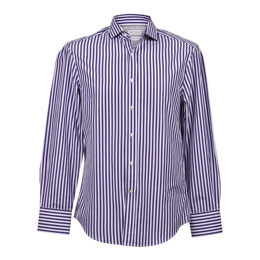 Brunello Cucinelli Men's Blue Striped Slim Fit Cotton Shirt