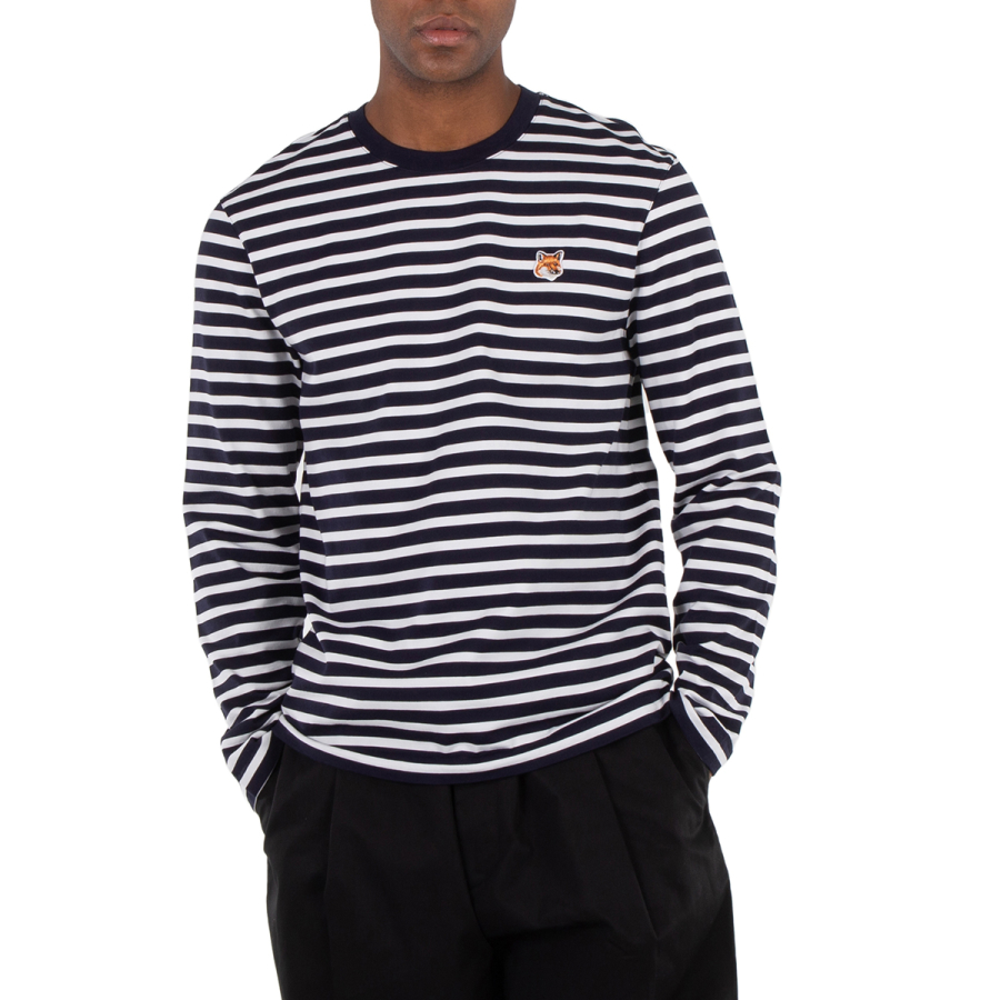 Maison Kitsune Navy Stripes Fox Head Patch T-Shirt