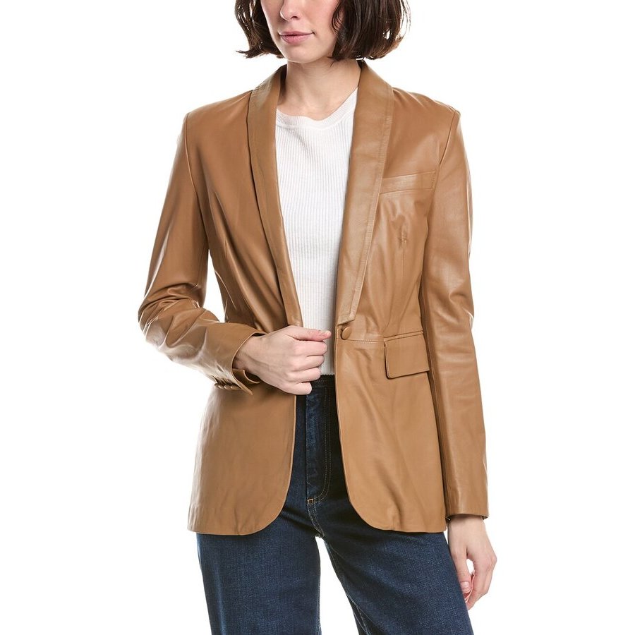Eleventy Womens Camel Leather Tailored Blazer