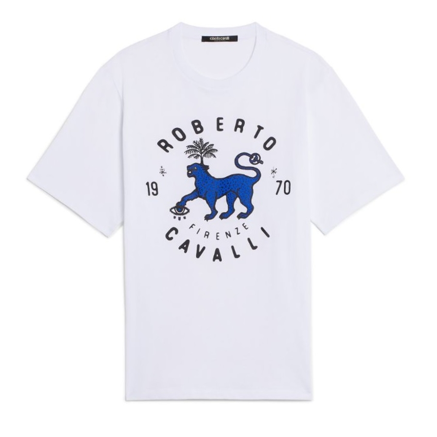 Roberto Cavalli Optic White Soft Cotton Jersey Lucky Leopard Print T-shirt