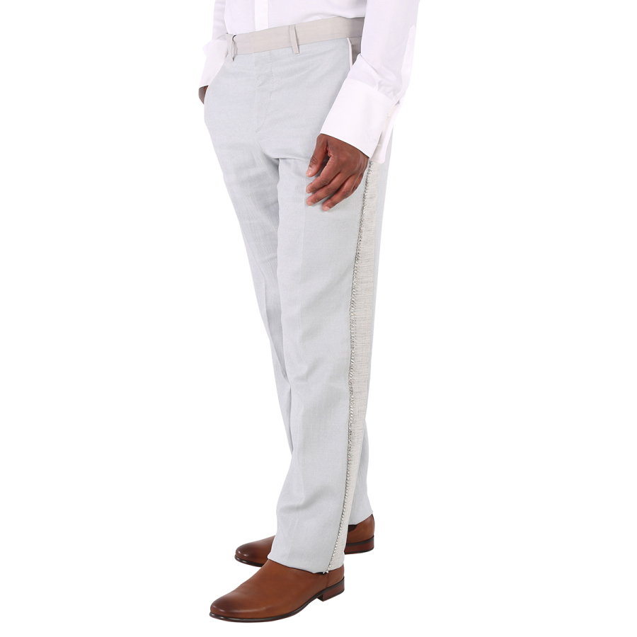 Burberry Mens Light Pebble Grey English Fit Crystal Embroidered Technical Linen Trousers