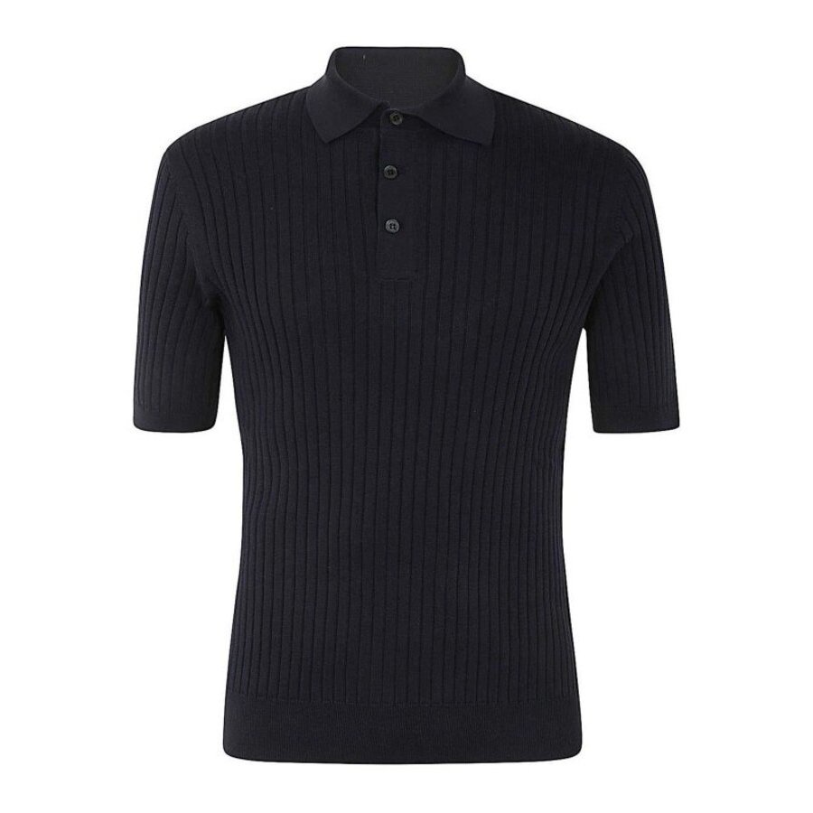 Brunello Cucinelli Navy Cotton Ribbed Polo Sweater