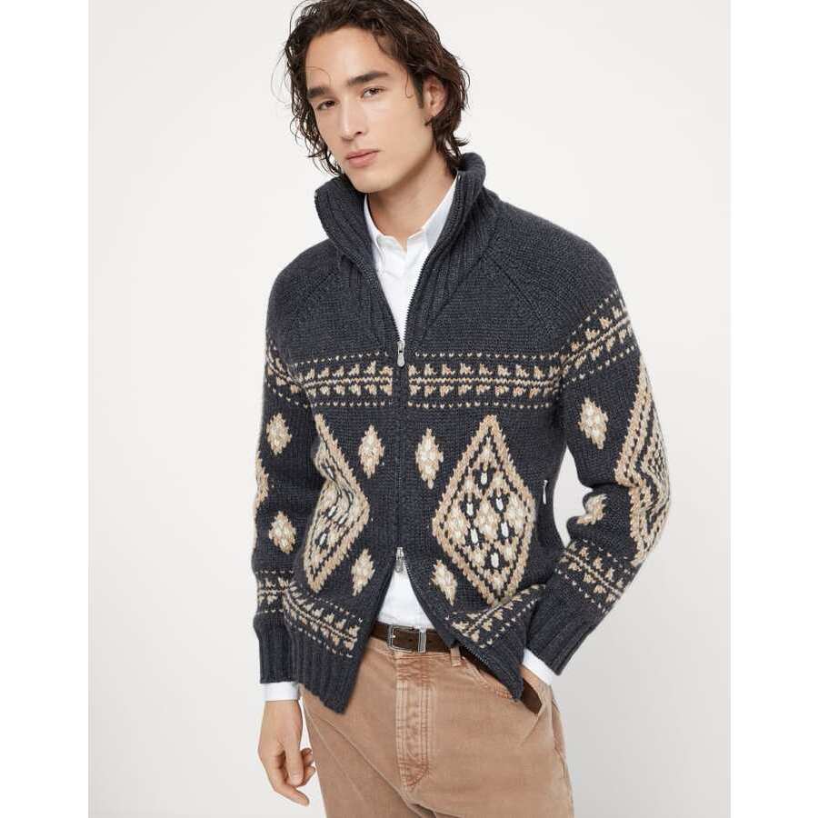 Brunello Cucinelli Mens Black Stone Camel Wool Zip Front Patterned Sweater