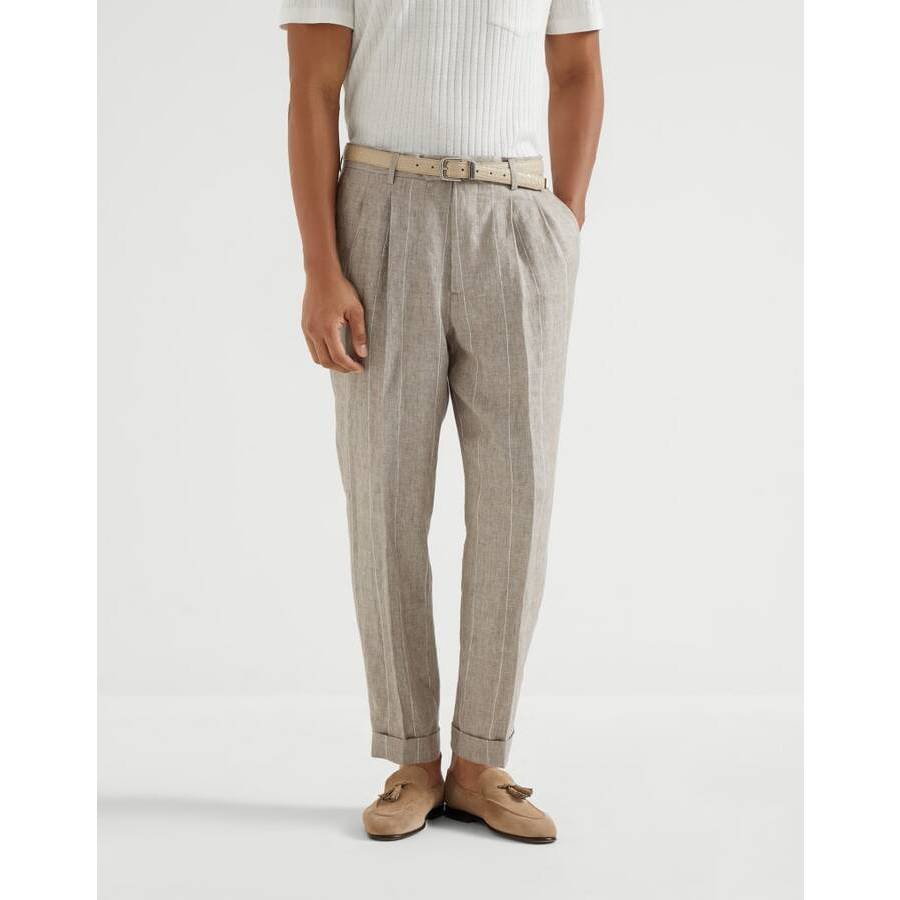 Brunello Cucinelli Beige Linen Pleated Trousers