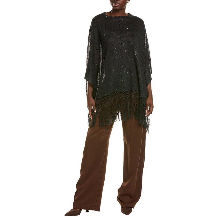 Brunello Cucinelli Black Fringed Poncho-Style Sweater