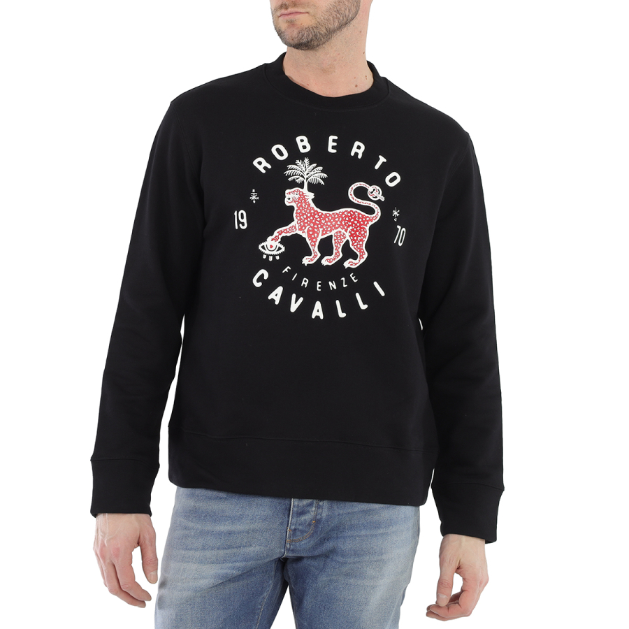 Roberto Cavalli Black Cotton Jersey Lucky Leopard Print Sweatshirt