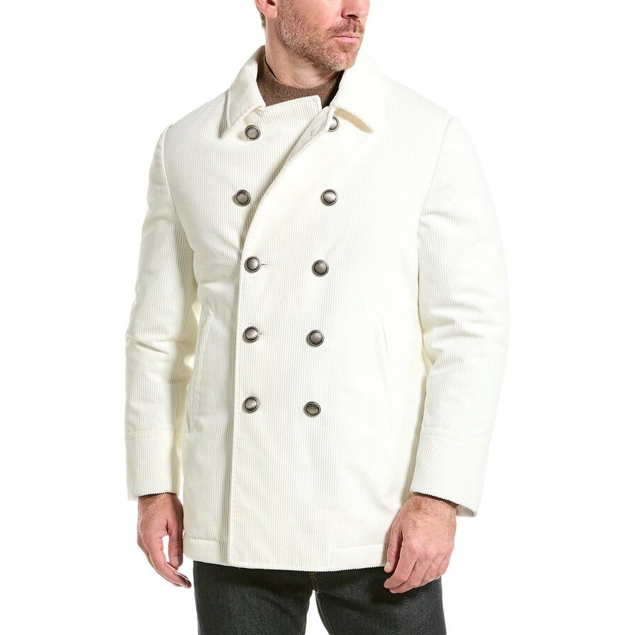 Brunello Cucinelli White Corduroy Double-Breasted Pea Coat