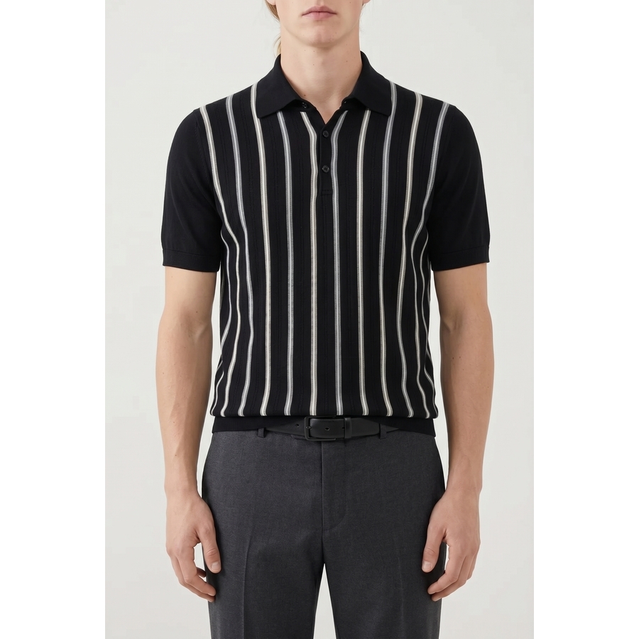 Brunello Cucinelli Vertical-Striped Cotton Polo — Black