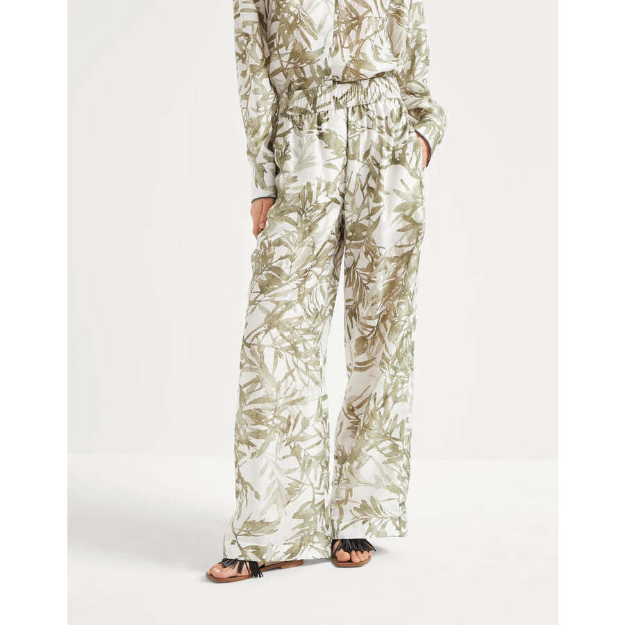 Brunello Cucinelli White Printed Silk Wide Trousers