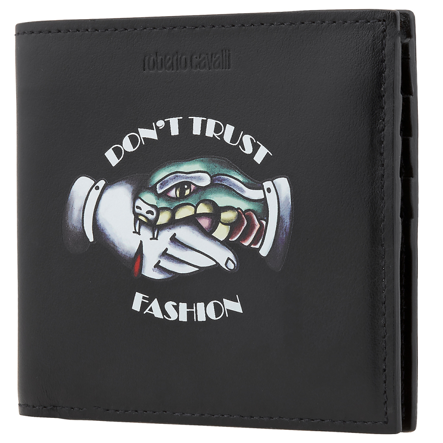 Roberto Cavalli Mens Black Leather Screen Print Bifold Wallet