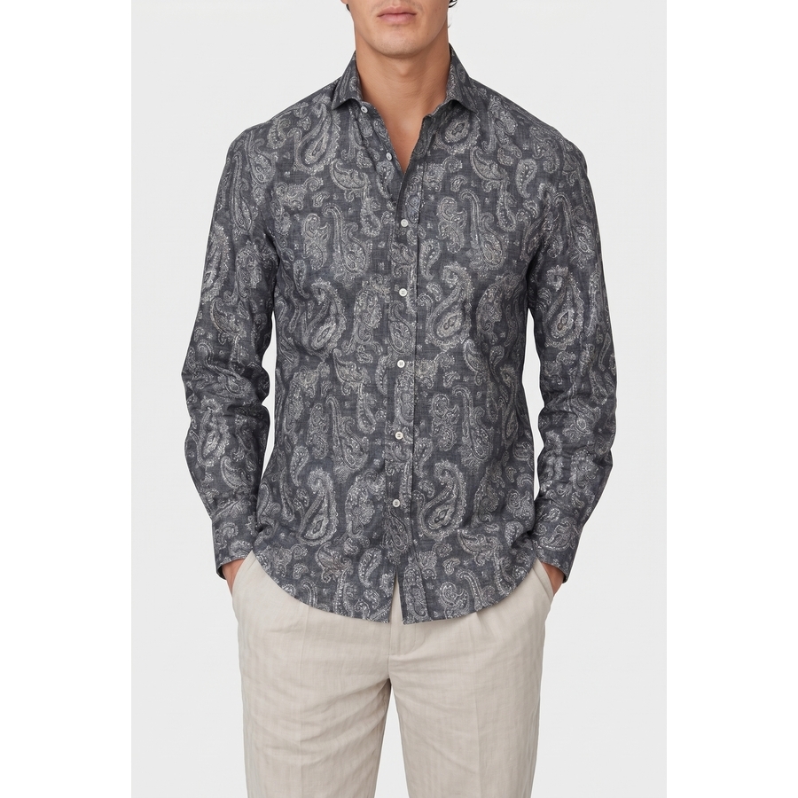 Brunello Cucinelli Anthracite Paisley Button-Up Shirt