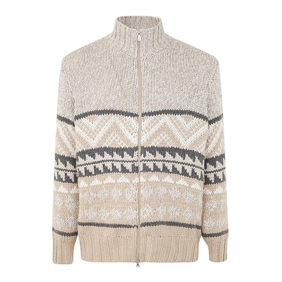 Brunello Cucinelli Geometric-Striped Wool Cardigan — Camel