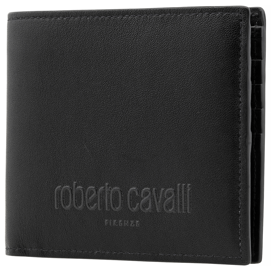 Roberto Cavalli Mens Black Leather Logo Bifold Wallet