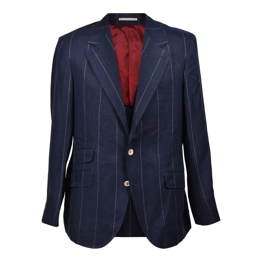 Brunello Cucinelli Navy Linen Striped Three-Button Suit