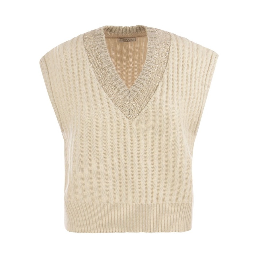 Brunello Cucinelli Womens Marble Wool Ribbed Sleeveless Sweater