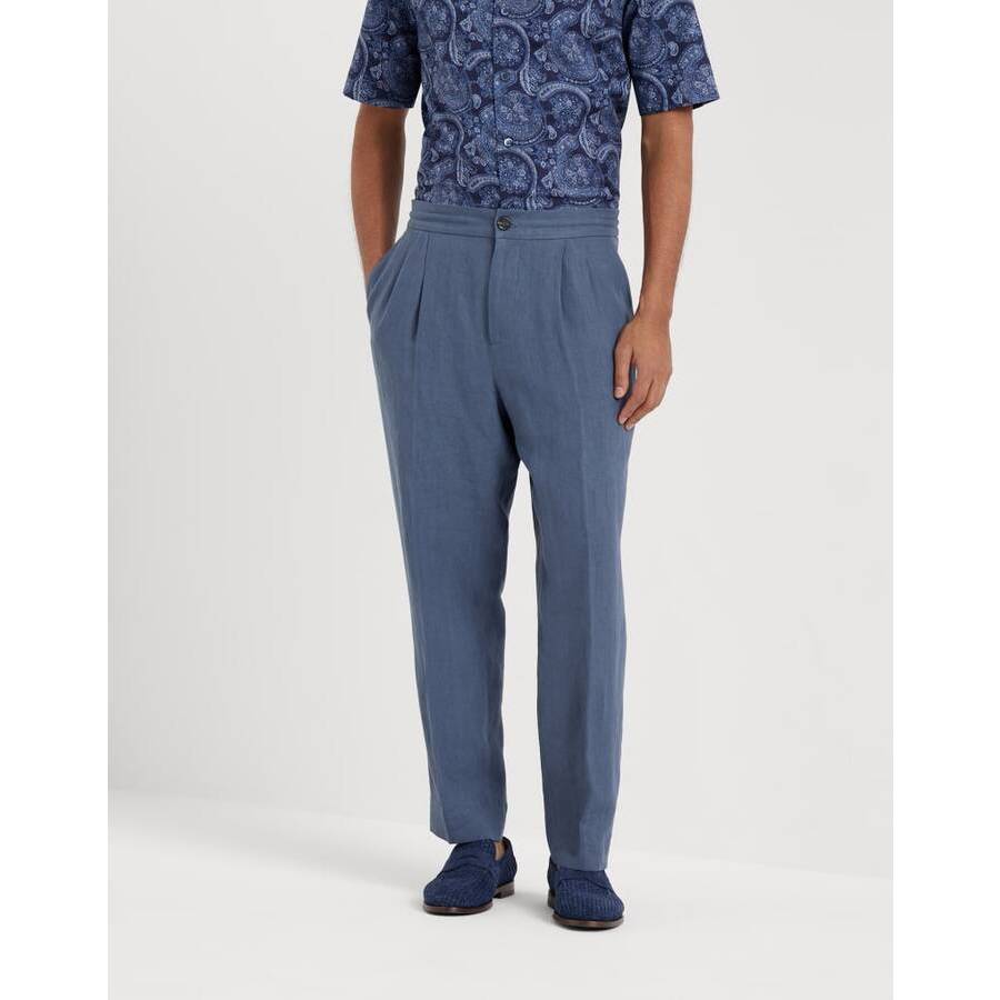 Brunello Cucinelli Men's Ocean Linen Pleated Trousers