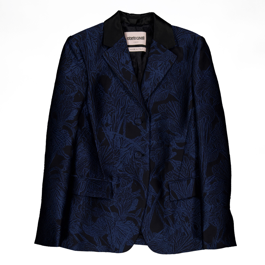 Roberto Cavalli Black and Antique Blue Jacquard Blazer
