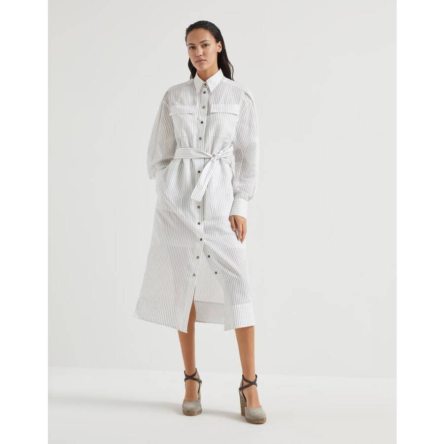 Brunello Cucinelli White Striped Belted Dress