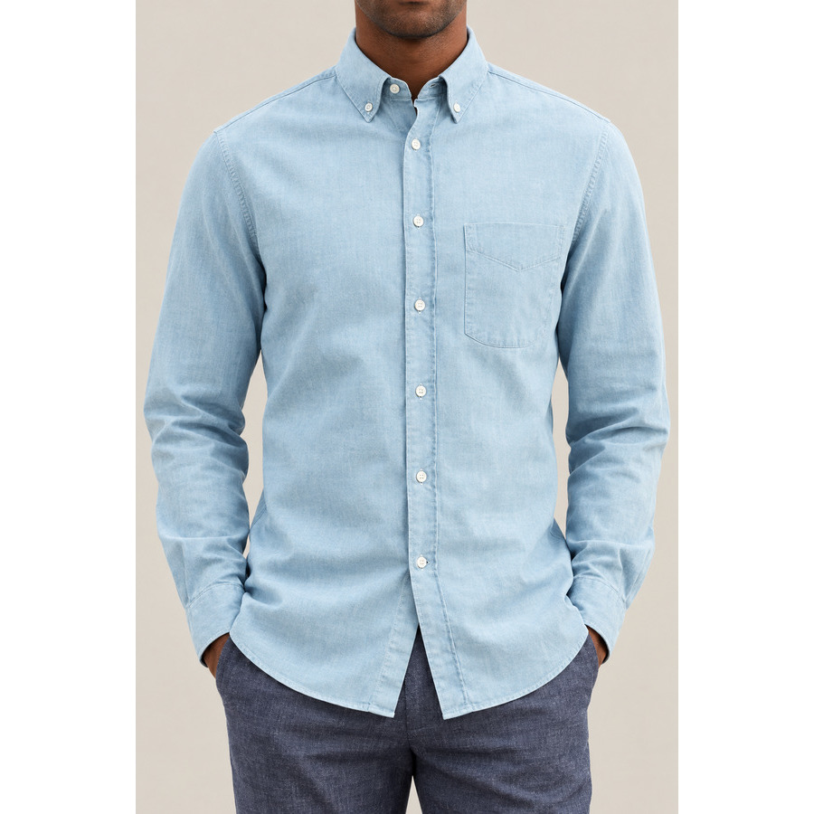 Brunello Cucinelli Men's Very Light Denim Cotton Button Down Shirt