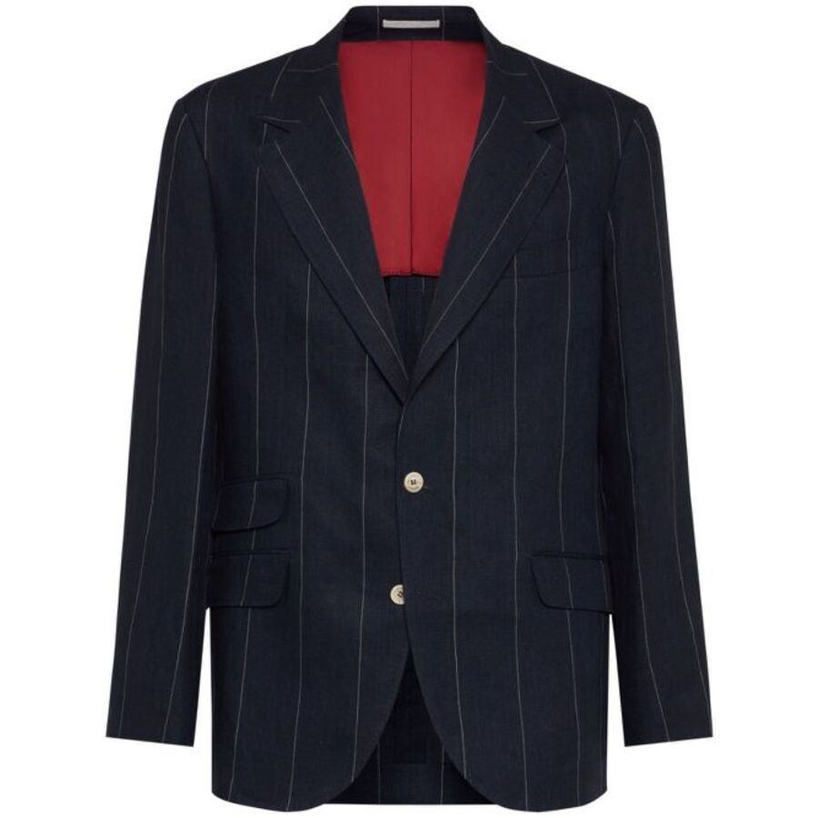 Brunello Cucinelli Navy Linen Pinstripe Blazer