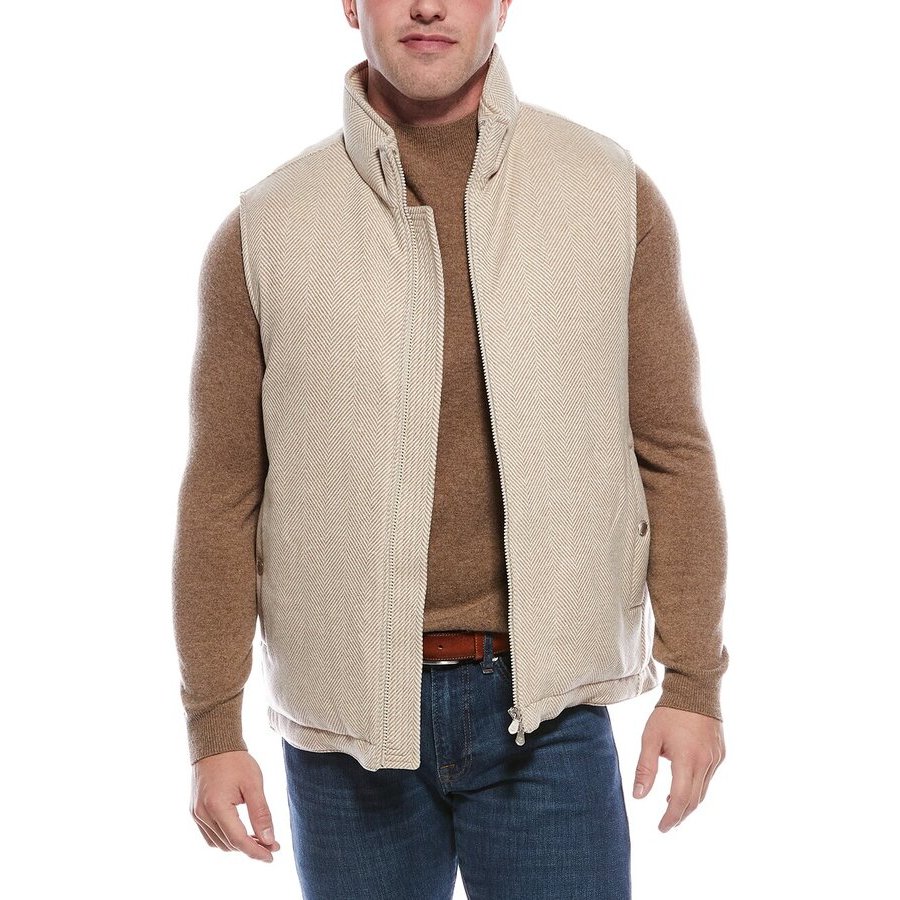 Brunello Cucinelli Men's Sand Wool Blend Herringbone Zip Jacket