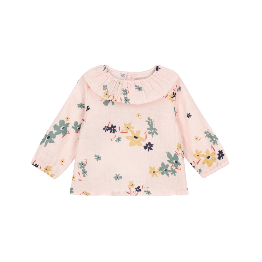 Petit Bateau Girls Ruffled Neck Long Sleeve Top