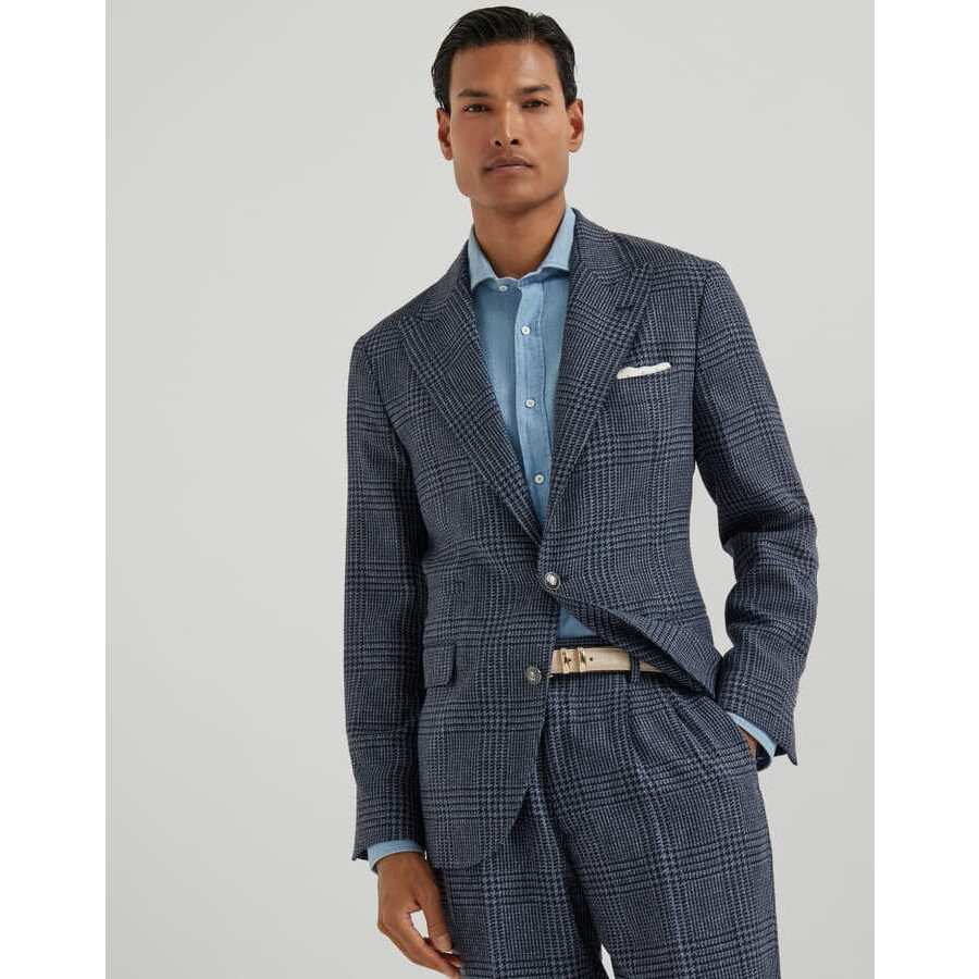 Brunello Cucinelli Men's Denim Wool Silk Checked Blazer