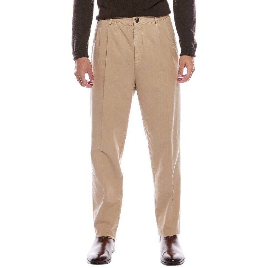 Brunello Cucinelli Mens Camel Cotton Pleated Trousers