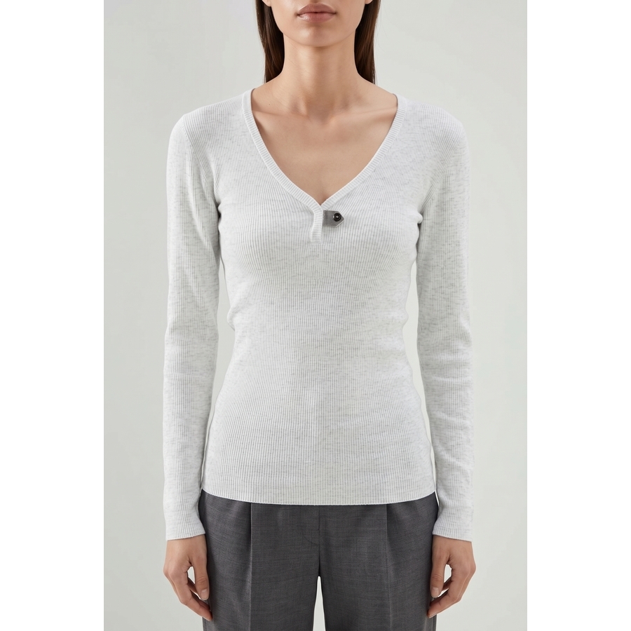 Brunello Cucinelli Light Grey Ribbed Knit Top