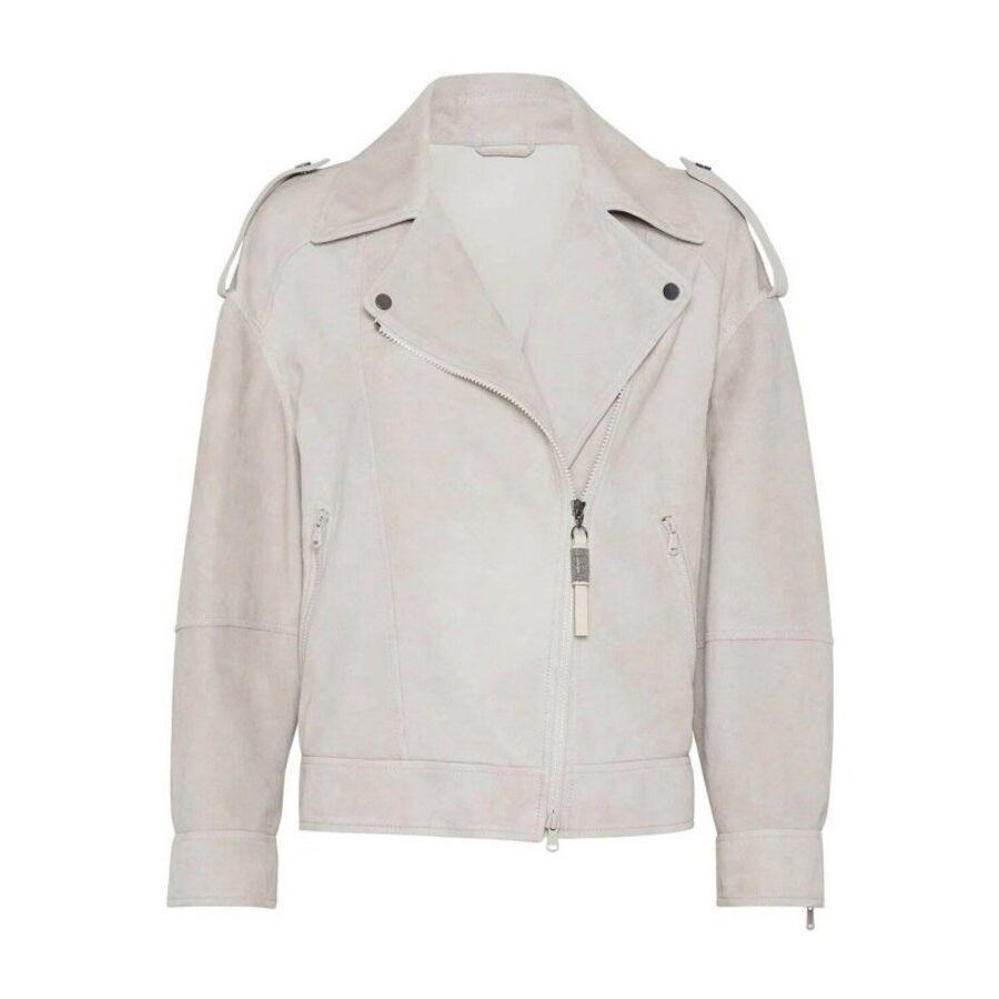 Brunello Cucinelli Asymmetrical Zip Leather Biker Jacket — Beige