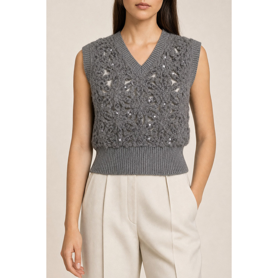 Brunello Cucinelli Womens Medium Grey Wool Knit Sweater