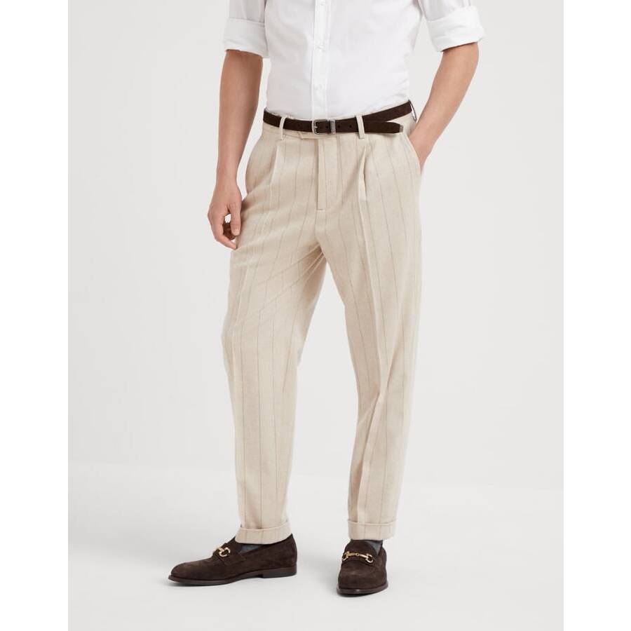 Brunello Cucinelli Wool Pinstripe Trousers — Beige