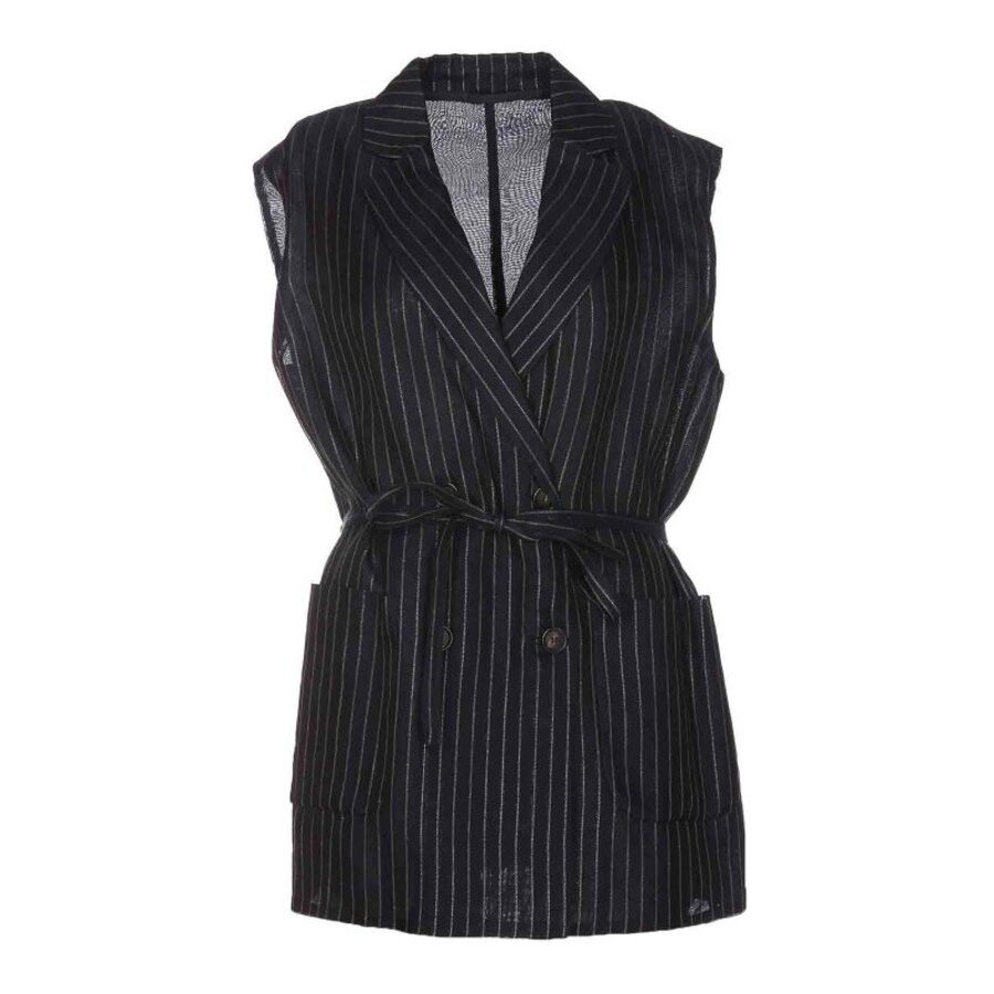 Brunello Cucinelli Blue Silver Pinstripe Sleeveless Jacket With Belt