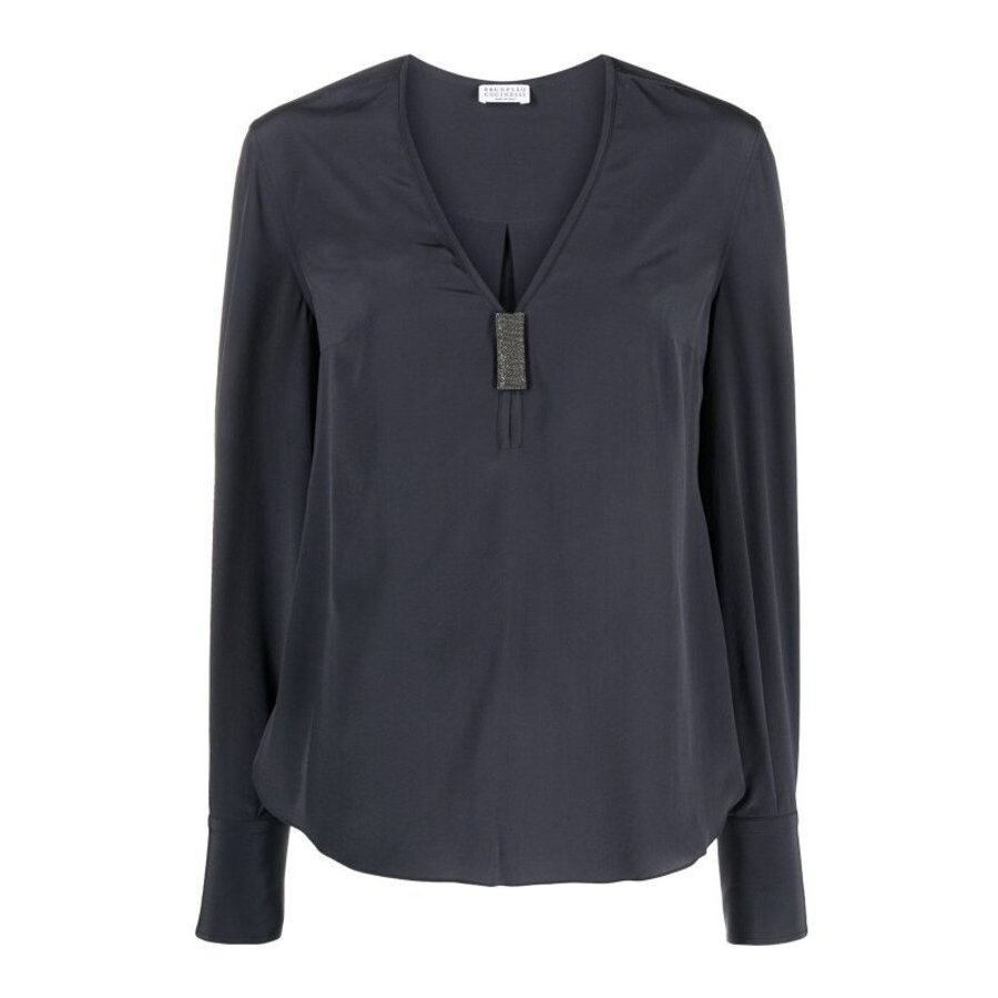Brunello Cucinelli Dark Blue V-Neck Blouse With Embellishment