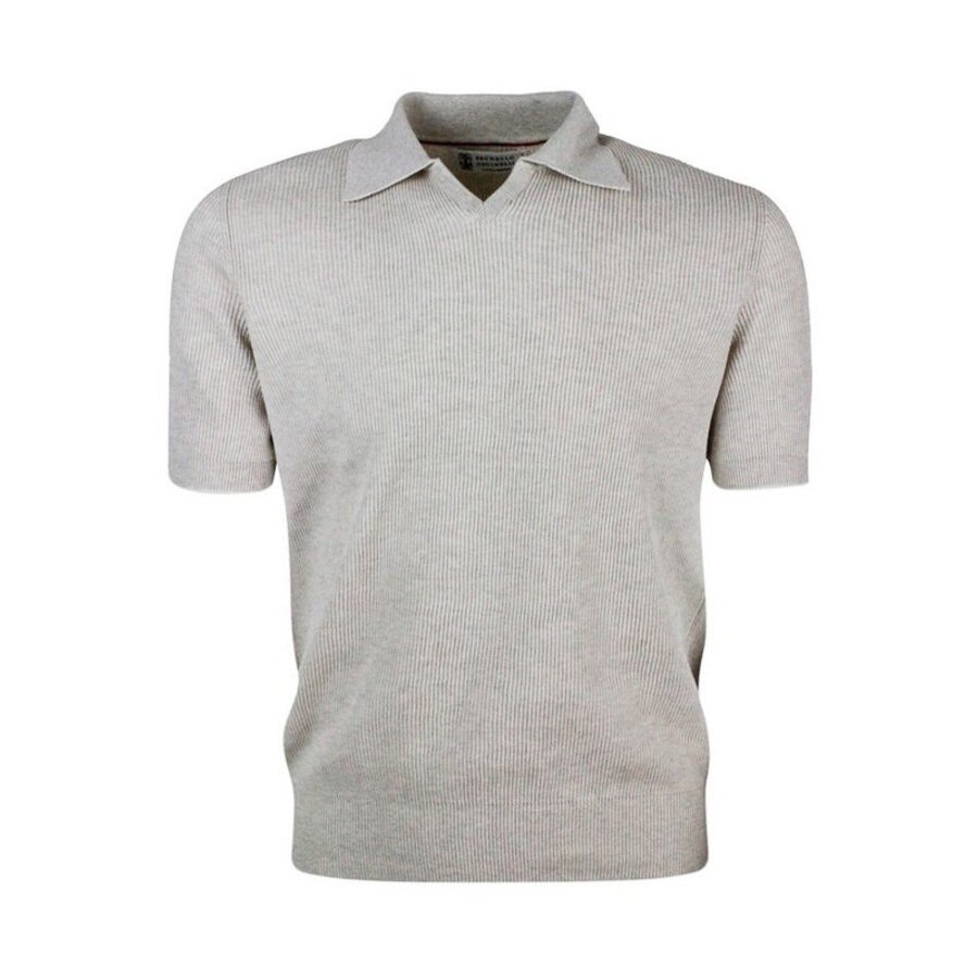 Brunello Cucinelli Oat Ribbed Knit Polo Sweater