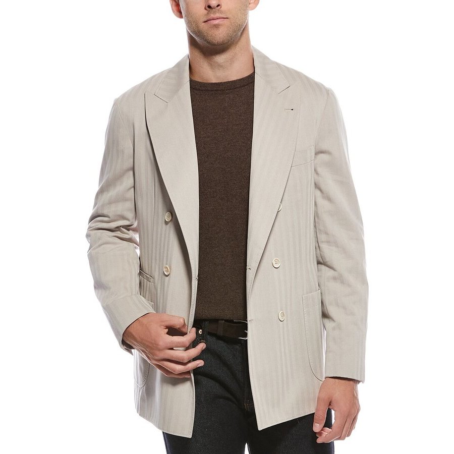 Brunello Cucinelli Beige Double-Breasted Striped Blazer
