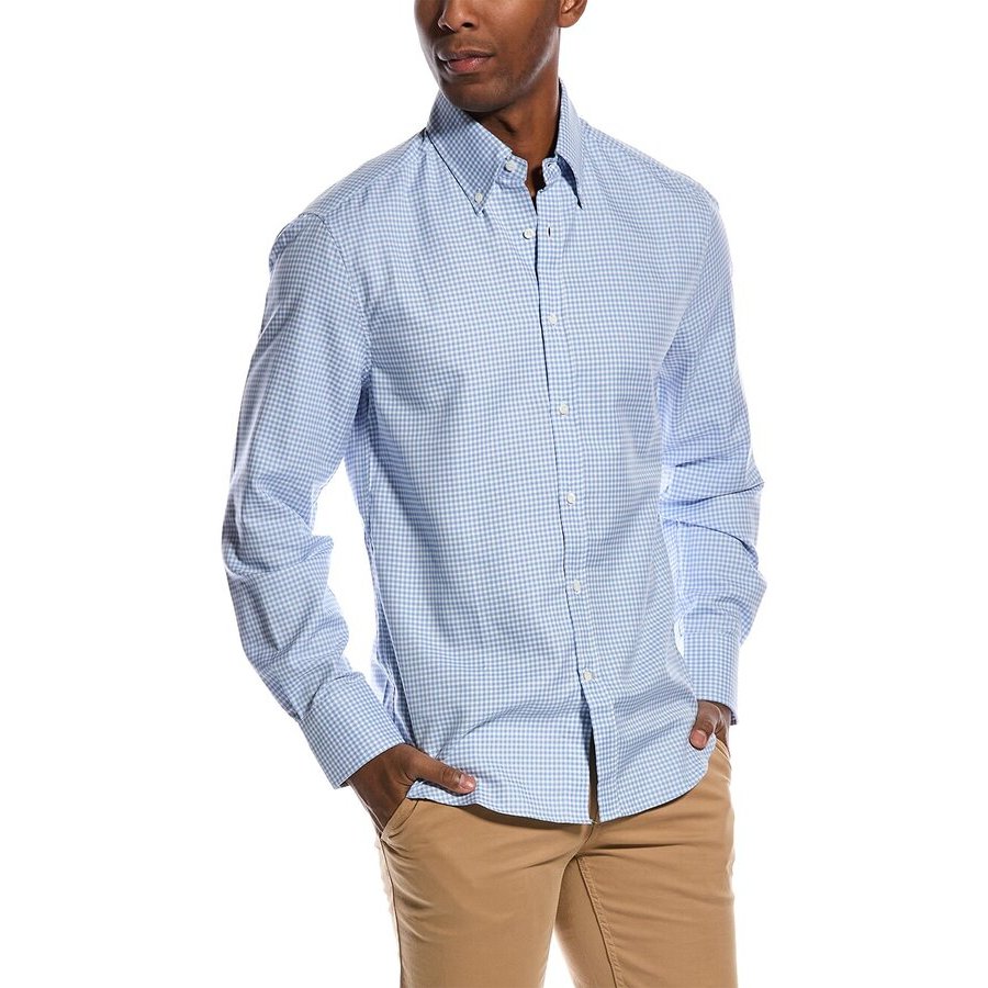 Brunello Cucinelli Mens White Blue Checked Cotton Lyocell Shirt