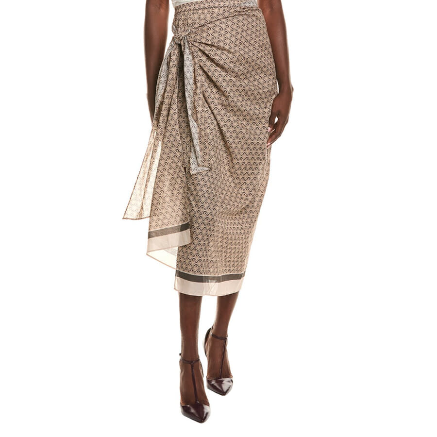 Brunello Cucinelli Geometric-Patterned Wrap Skirt — Beige