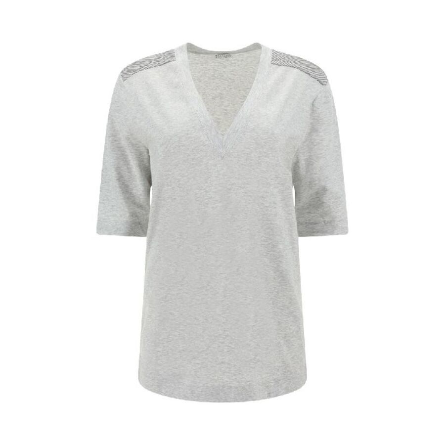 Brunello Cucinelli Womens Silver Cotton Blend V Neck Shirt