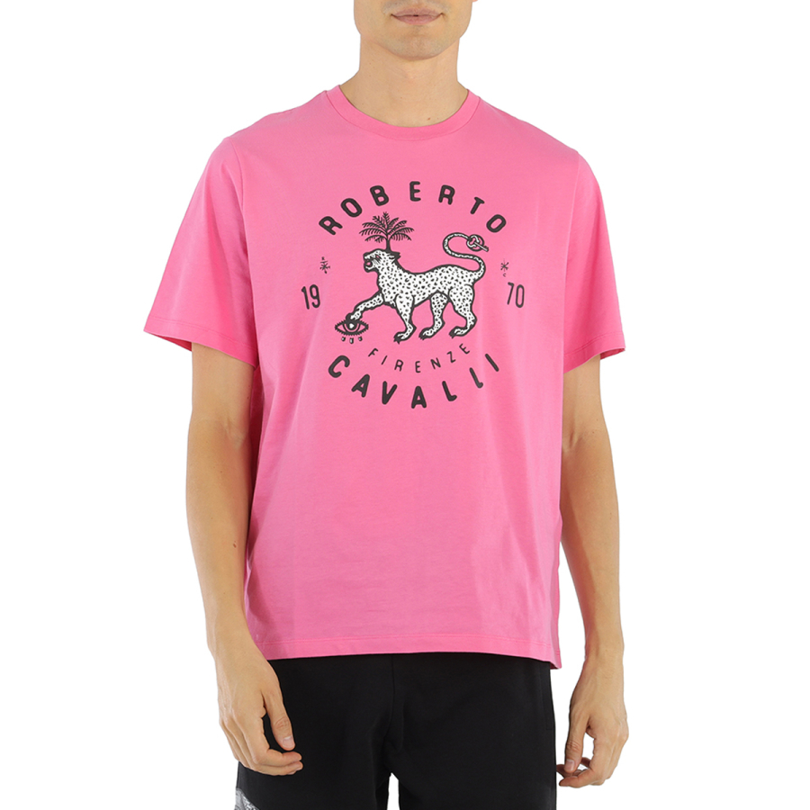 Roberto Cavalli Pink Soft Cotton Jersey Lucky Leopard Print T-shirt