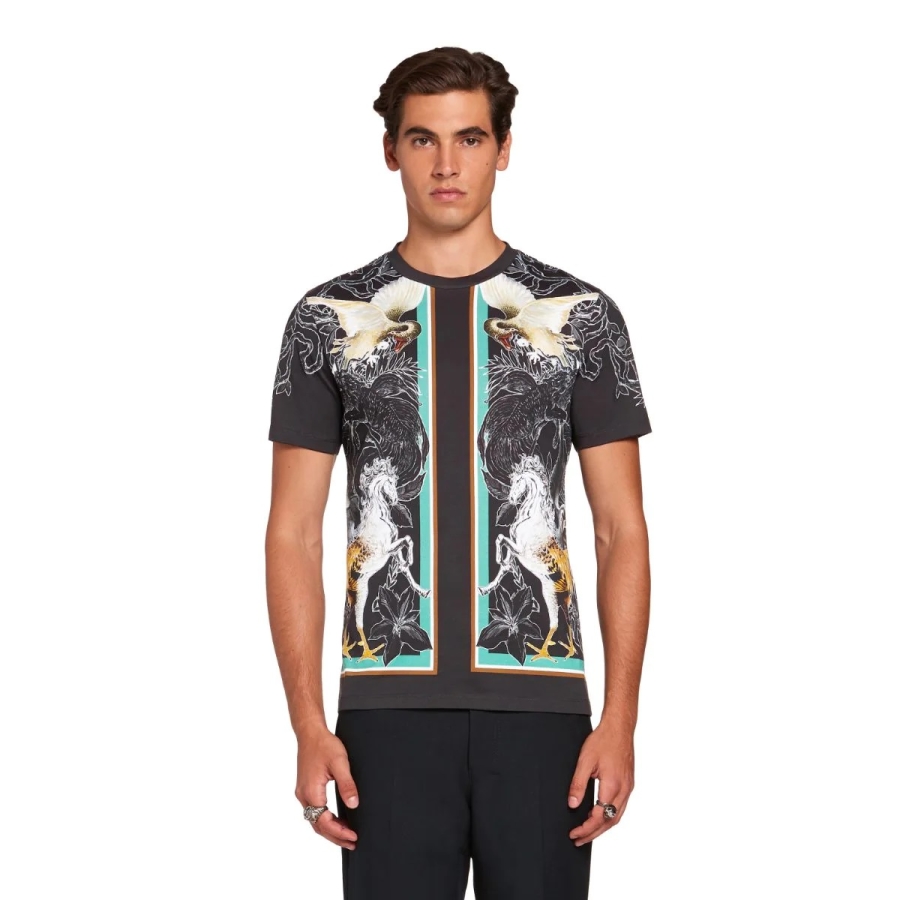 Roberto Cavalli Mens Black Hybrid Animals Printed Cotton T-shirt