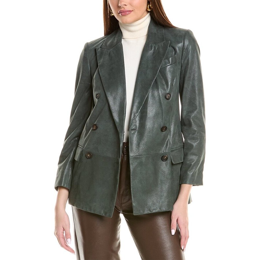 Brunello Cucinelli Forest Green Leather Double-Breasted Blazer