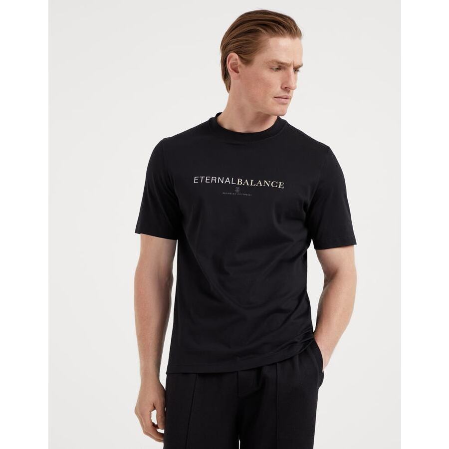 Brunello Cucinelli Mens Black Cotton Graphic Print Crew Neck Shirt