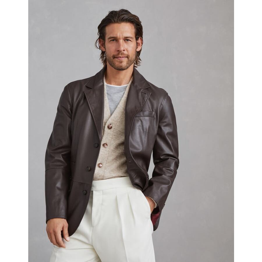 Brunello Cucinelli Men's Dark Brown Leather Blazer