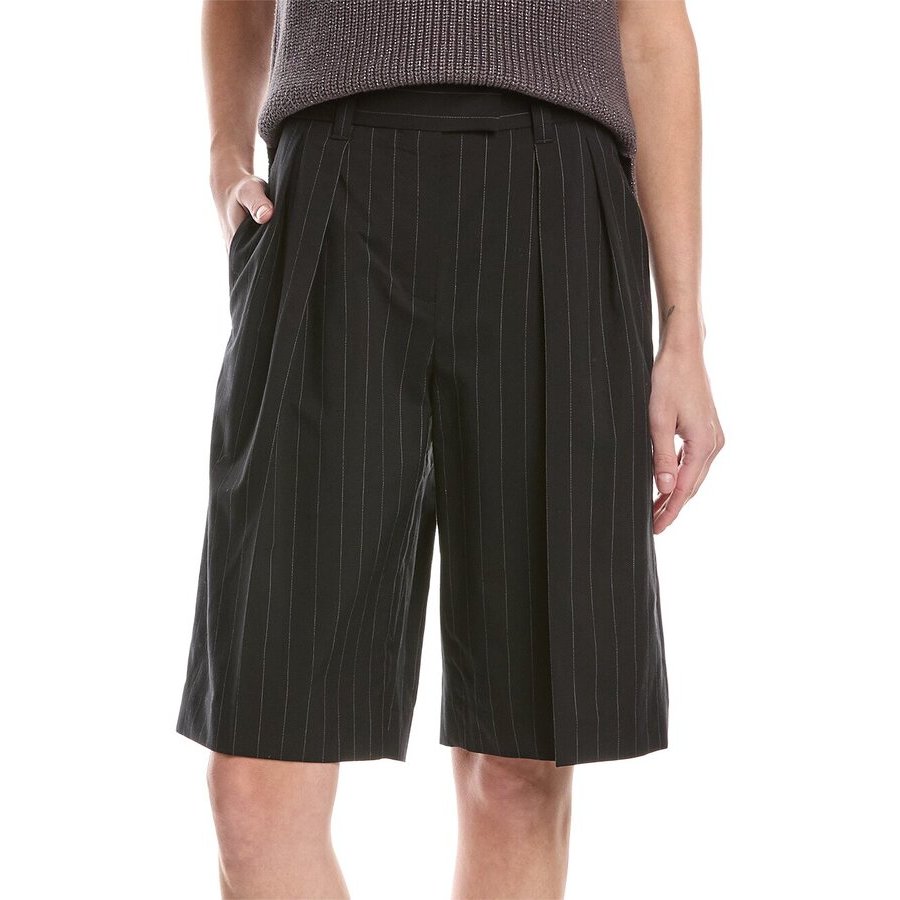 Brunello Cucinelli Womens Black Pinstripe Wool Blend Bermuda Shorts