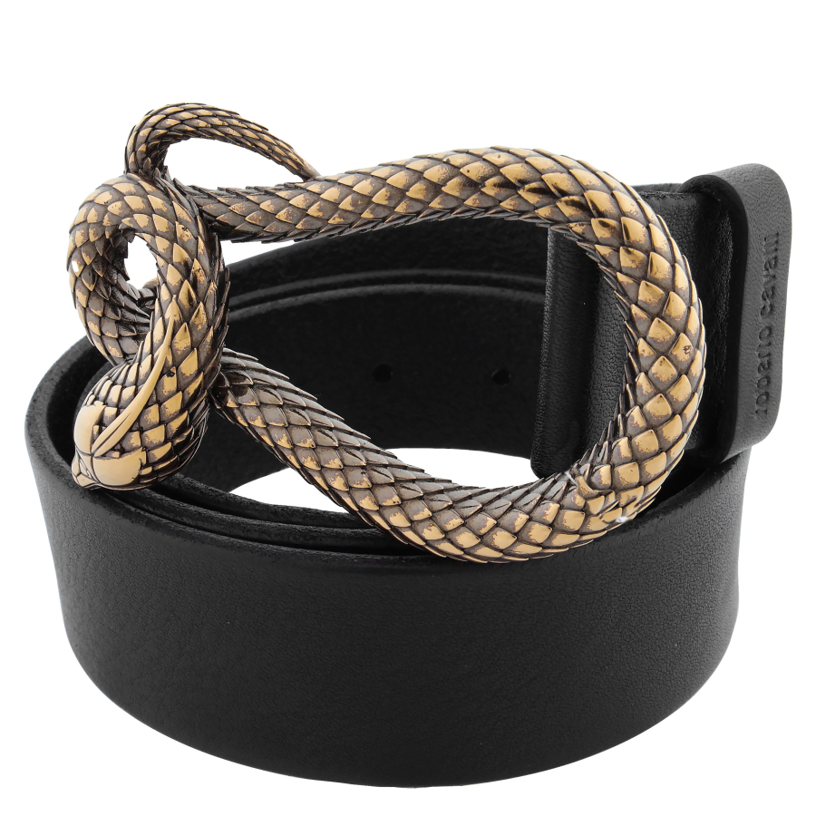 Roberto Cavalli Black Leather Snake Buckle Belt