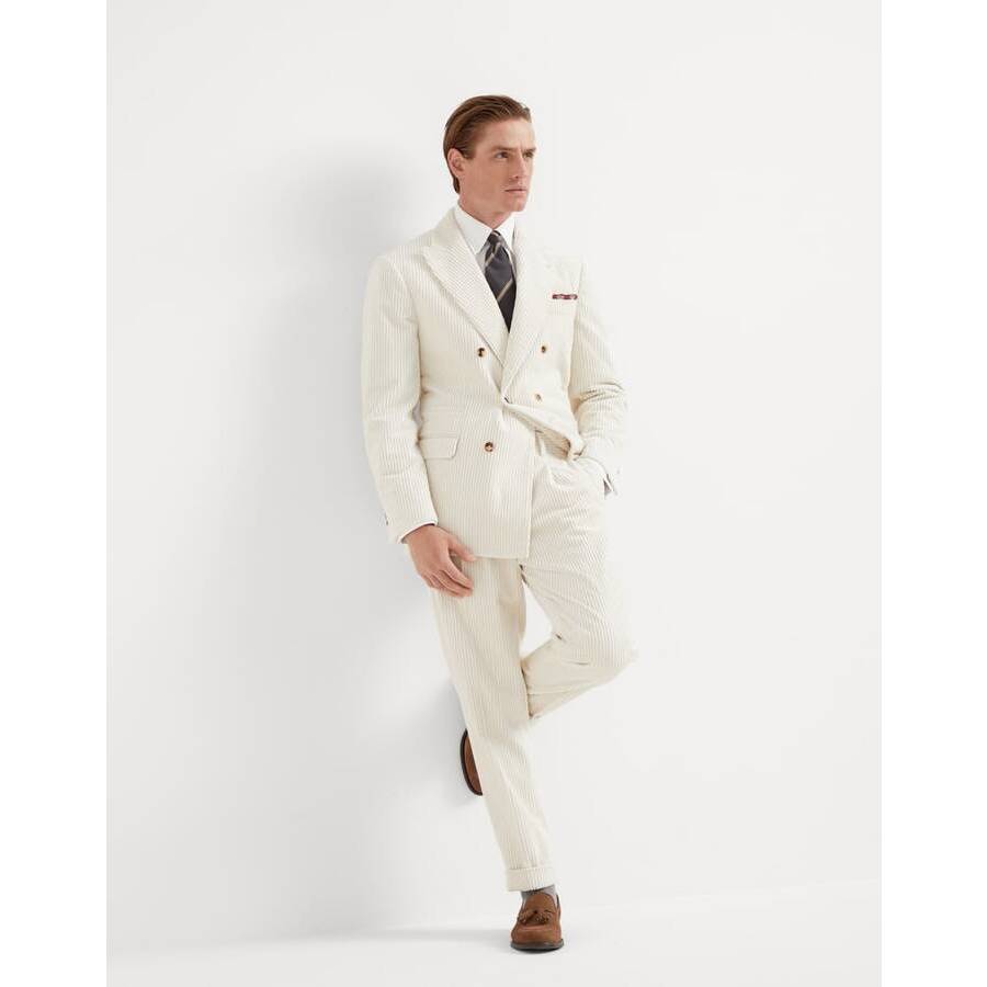 Brunello Cucinelli Men's Milk Double Breasted Cotton Suit