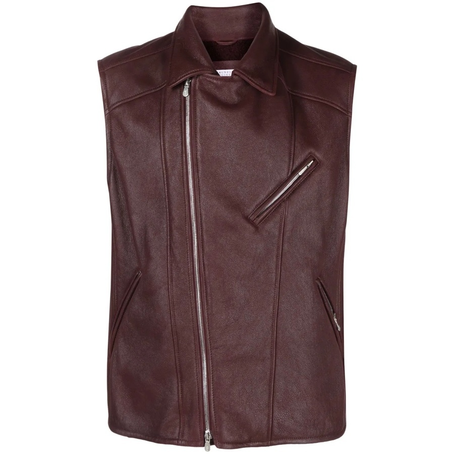 Brunello Cucinelli Burgundy Leather Biker Vest
