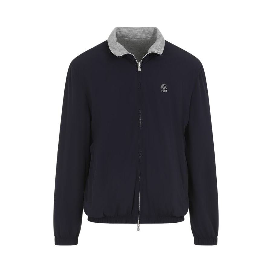 Brunello Cucinelli Men's Navy Zip Front Jacket With Gray Collar